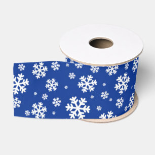 Ruban Gros-grain Flocons blancs sur motif d'hiver bleu foncé