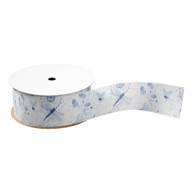 Ruban Gros-grain Flore de libellule de la Chinoiserie bleue (Bobine)