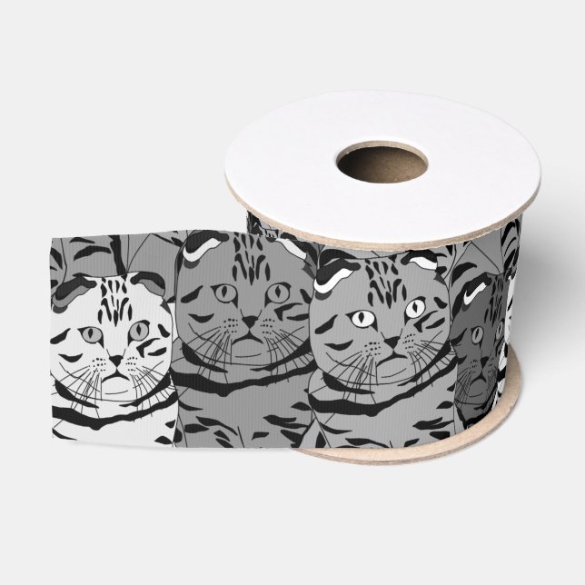 Ruban Gros-grain Fusion de chats gris 3" (Bobine)