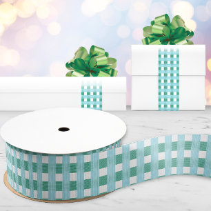 Ruban Gros-grain Gingham Tissage Vitre en Vert et Aqua