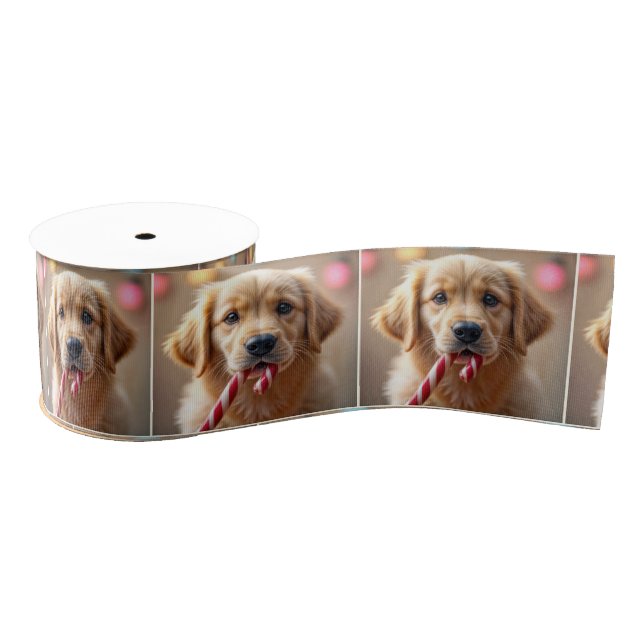 Ruban Gros-grain Golden Retriever Puppy With a Candy Cane (Bobine)