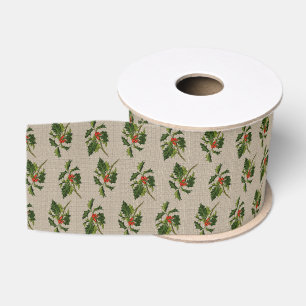 Ruban Gros-grain Holly avec baies rouges sur texture naturelle
