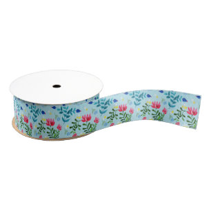 Ruban Gros-grain Jardin de printemps aux fleurs bleues minuscules
