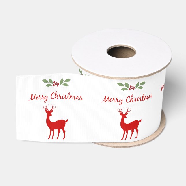Ruban Gros-grain Joyeux Noël Holly Reindeer Cerf Blanc Festif (Bobine)