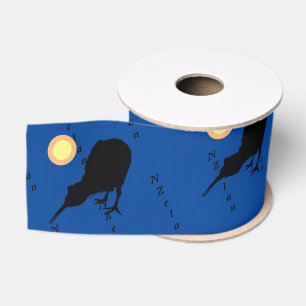 Ruban Gros-grain Kiwi Bird & Moon, New Zealand text /blue Grosgrain