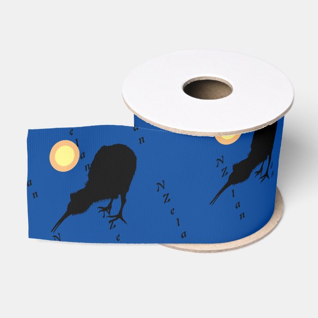 Ruban Gros-grain Kiwi Bird & Moon, New Zealand text /blue Grosgrain (Bobine)