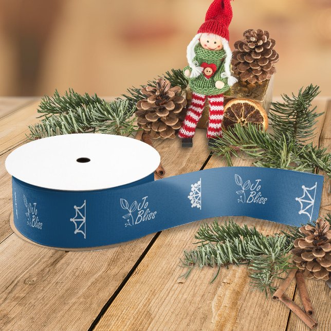 Ruban Gros-grain Logo d'entreprise & Snowflakes, cadeau de marque o (blue ribbon with white business logo, blue company holiday christmas gift ribbon, white snowflakes)