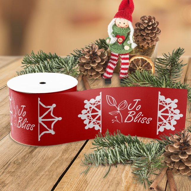 Ruban Gros-grain Logo d'entreprise & Snowflakes, cadeau de marque o (red ribbon with white business logo, red company holiday christmas gift ribbon, white snowflakes)