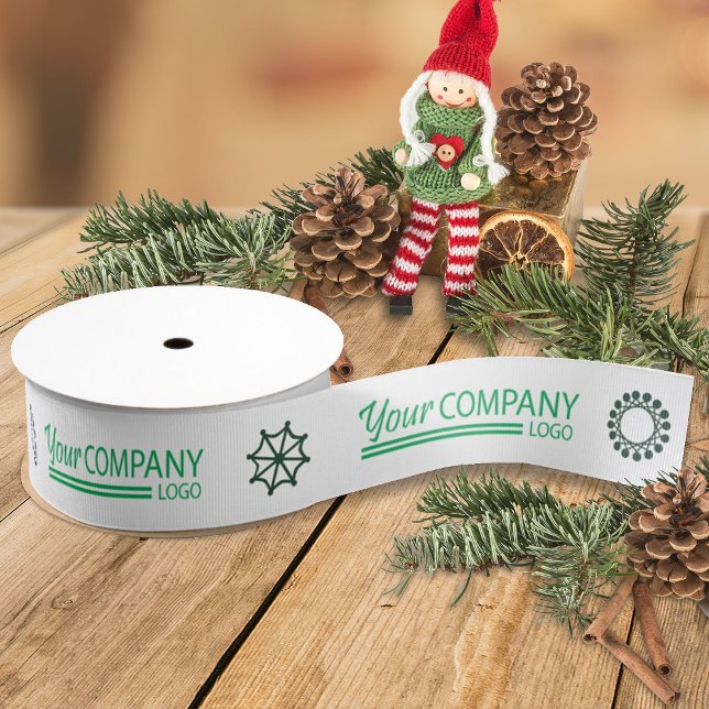 Ruban Gros-grain Logo vert & Snowflakes Business Logo Noël (white ribbon with green business logo, green company holiday christmas gift ribbon, snowflakes)