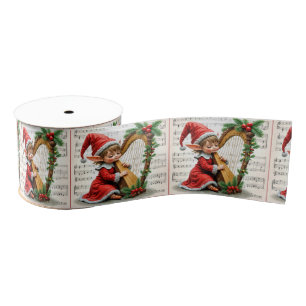 Ruban Gros-grain Lutin de Noël jouant de la harpe