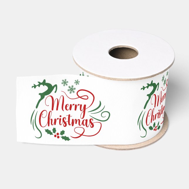 Ruban Gros-grain Merry Christmas Green Red On White (Bobine)