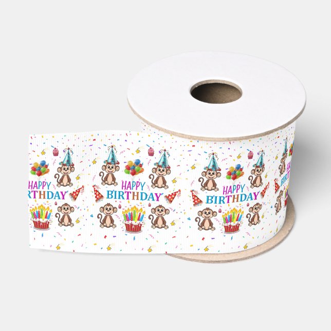Ruban Gros-grain Monkey Cupcake Happy Birthday Ribbon (Bobine)