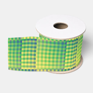 Ruban Gros-grain Motif abstrait à carreaux verts et bleus