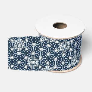 Ruban Gros-grain motif Asanoha japonais - bleu indigo et blanc