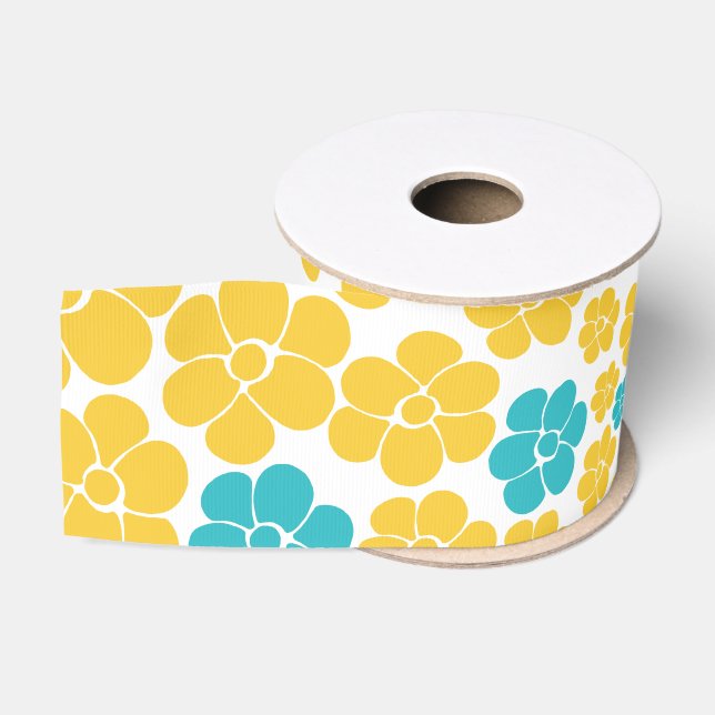 Ruban Gros-grain Motif aux fleurs - Turquoise et Jaune (Bobine)