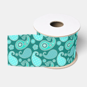 Ruban Gros-grain Motif cachemire, turquoise, aqua et blanc
