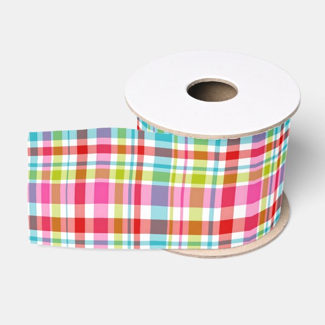 Ruban Gros-grain Motif carreaux plaid arc-en-ciel vif (Bobine)
