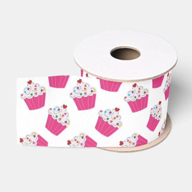 Ruban Gros-grain Motif Cupcake rose clair au dessert (Bobine)