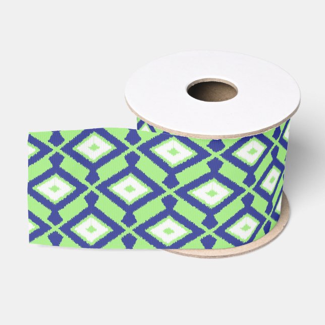 Ruban Gros-grain Motif d'Ikat - vert, bleu d'indigo et blanc (Bobine)