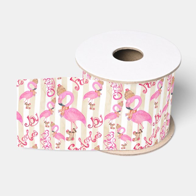 Ruban Gros-grain Motif Flamant rose de Noël (Bobine)