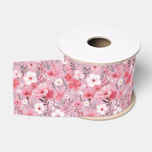 Ruban Gros-grain Motif Fleur sauvage rose