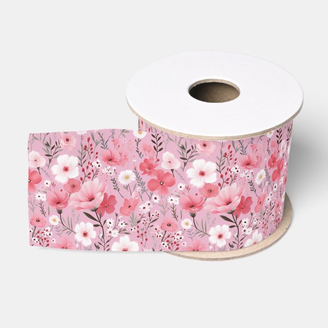 Ruban Gros-grain Motif Fleur sauvage rose (Bobine)