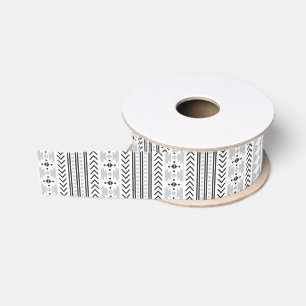Ruban Gros-grain Motif géométrique tribal aztèque blanc noir gri