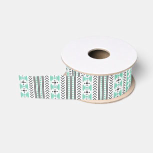 Ruban Gros-grain Motif géométrique tribal aztèque blanc noir ver