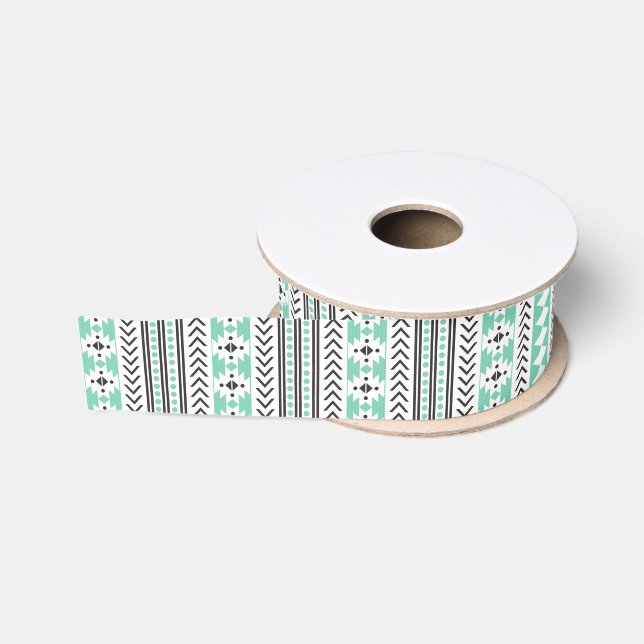 Ruban Gros-grain Motif géométrique tribal aztèque blanc noir vert (Bobine)