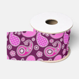 Ruban Gros-grain Motif Paisley, rose fuchsia, violet et blanc