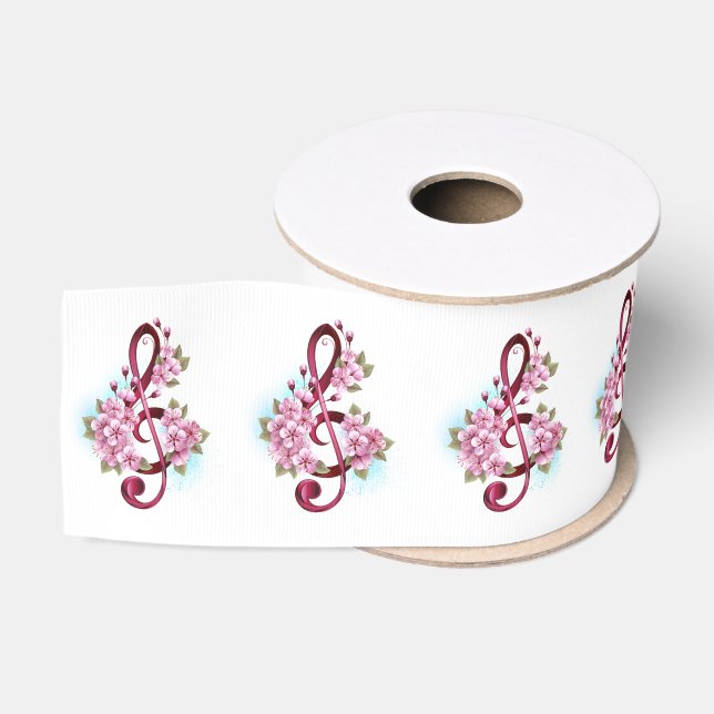 Ruban Gros-grain Musical treble clef notes with sakura flowers (Bobine)