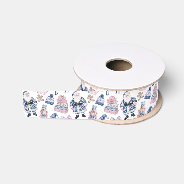 Ruban Gros-grain Noël Toile bleu et rose (Bobine)