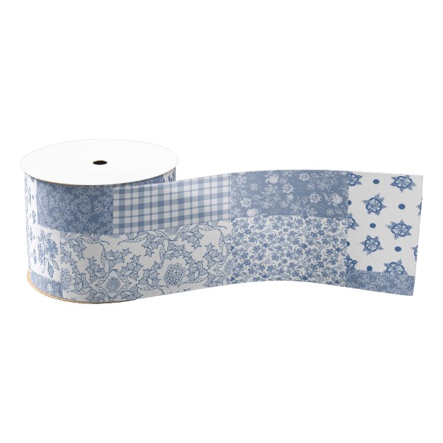 Ruban Gros-grain Nostalgique Indigo Faux Patchwork Ruban Grosgrain (Bobine)