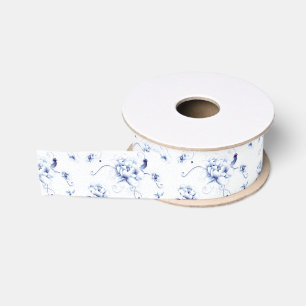 Ruban Gros-grain Oiseau Bleu Rose Chinoiserie Florale