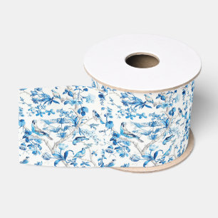 Ruban Gros-grain Oiseaux de la Chinoiserie Bleue et Blanche