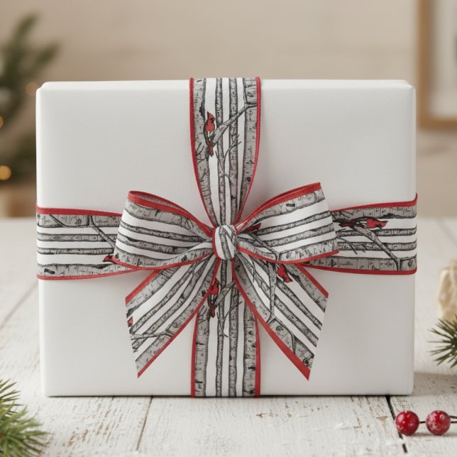 Ruban Gros-grain Oiseaux rouges et blancs et oiseaux cardinaux roug (Elegant Winter Red Cardinal Bird & Birch Trees Pattern Ribbon for Christmas. Nature Birds Gift Wrap)