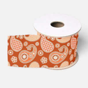 Ruban Gros-grain Paisley motif, Mandarin Orange et Blanc