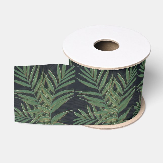 Ruban Gros-grain Palmier Vert Feuille Gold Strokes Gris Design (Bobine)