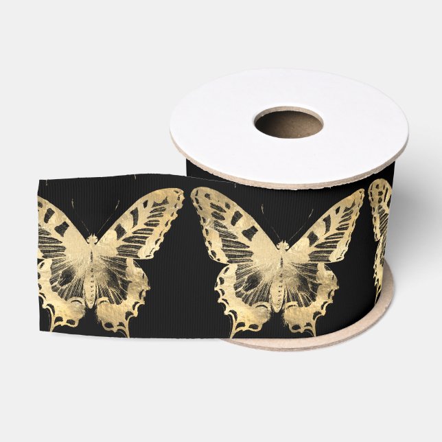 Ruban Gros-grain Papillons élégants sur le noir (Bobine)