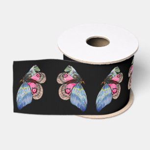 Ruban Gros-grain Papillons exotiques bleu rose Motif
