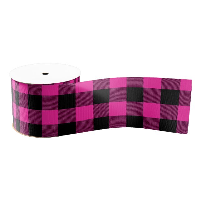 Ruban Gros-grain Plaid Rose chaud rose et noir (Bobine)