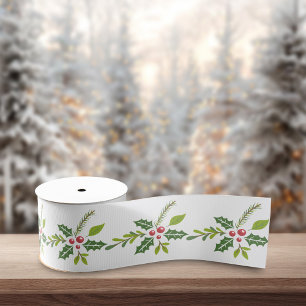 Ruban Gros-grain Plantes de Noël vertes et rouges à motif continu