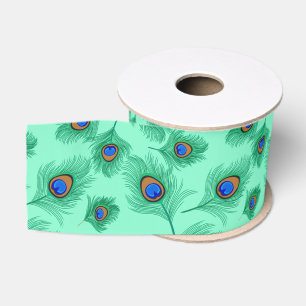 Ruban Gros-grain Plumes de paon turquoise sur Aqua clair