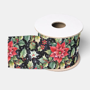 Ruban Gros-grain Poinsettia botanique foncé et houx de Noël