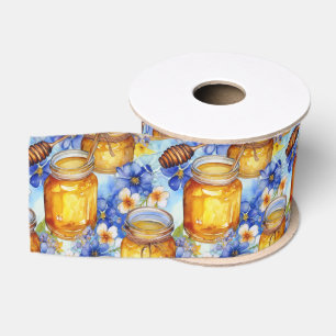 Ruban Gros-grain Pots d'aquarelle de miel aux fleurs bleues