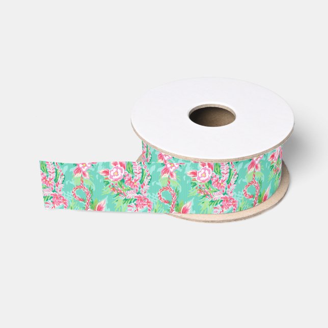 Ruban Gros-grain Preppy Palm Beach Motif de fleurs tropicales (Bobine)