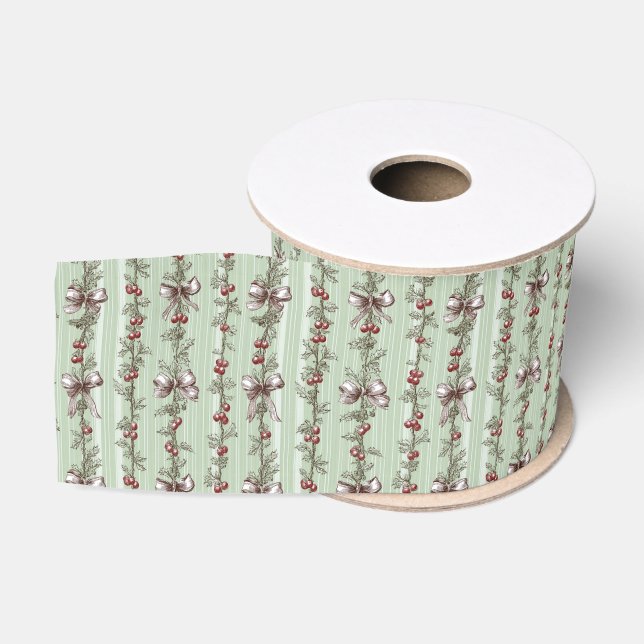 Ruban Gros-grain Pretty Green Toile Christmas Berries And Bows (Bobine)