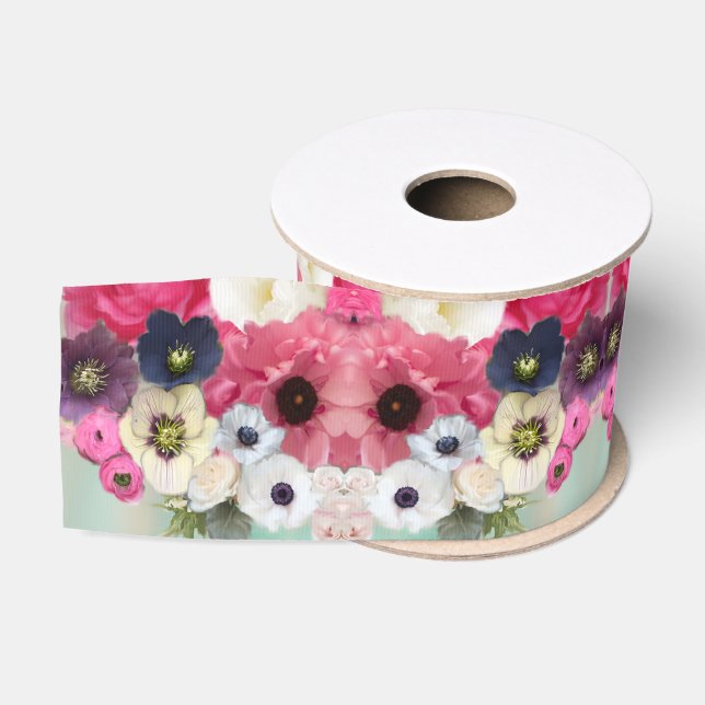 RUBAN GROS-GRAIN ROSES BLANCHES ROSES ET FLEURS ANÉMONES MONOGRAMME (Bobine)