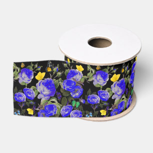 Ruban Gros-grain ROSES BLEUES ET PAPILLONS JAUNES Noir
