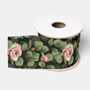 Ruban Gros-grain Roses fragiles. Motif floral sur noir